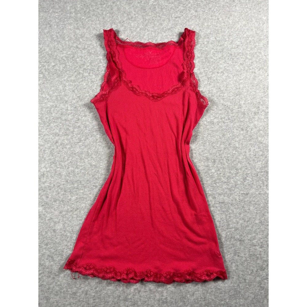 VTG Y2K American Eagle Tank Top Womens M Red Lace Trim Ribbed Layering Coquette